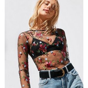 Floral Embroidered Sheer Long Sleeve Tee